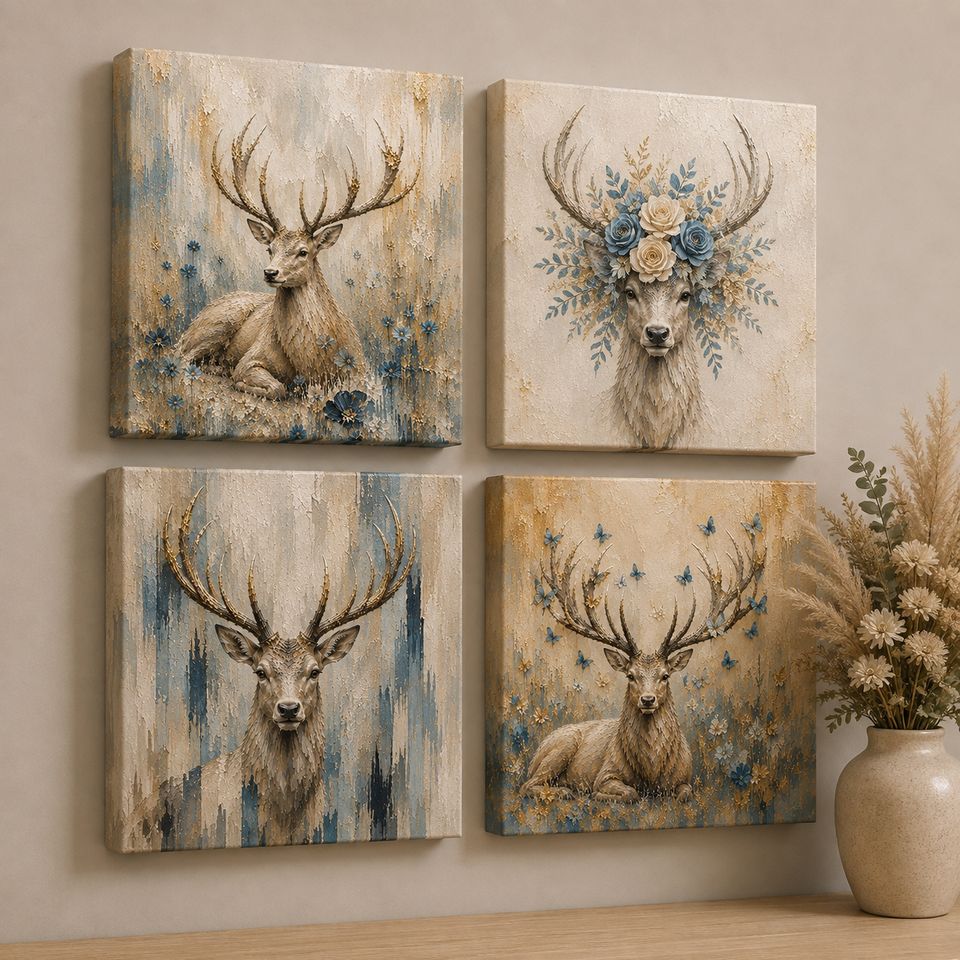 Four Ethereal Stag canvas tiles on a pale wall &mdash; soft ivory and gold stag art on stretched canvas