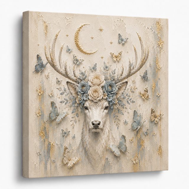 Ethereal Stag canvas tile &mdash; a single ivory and gold stag artwork on stretched canvas