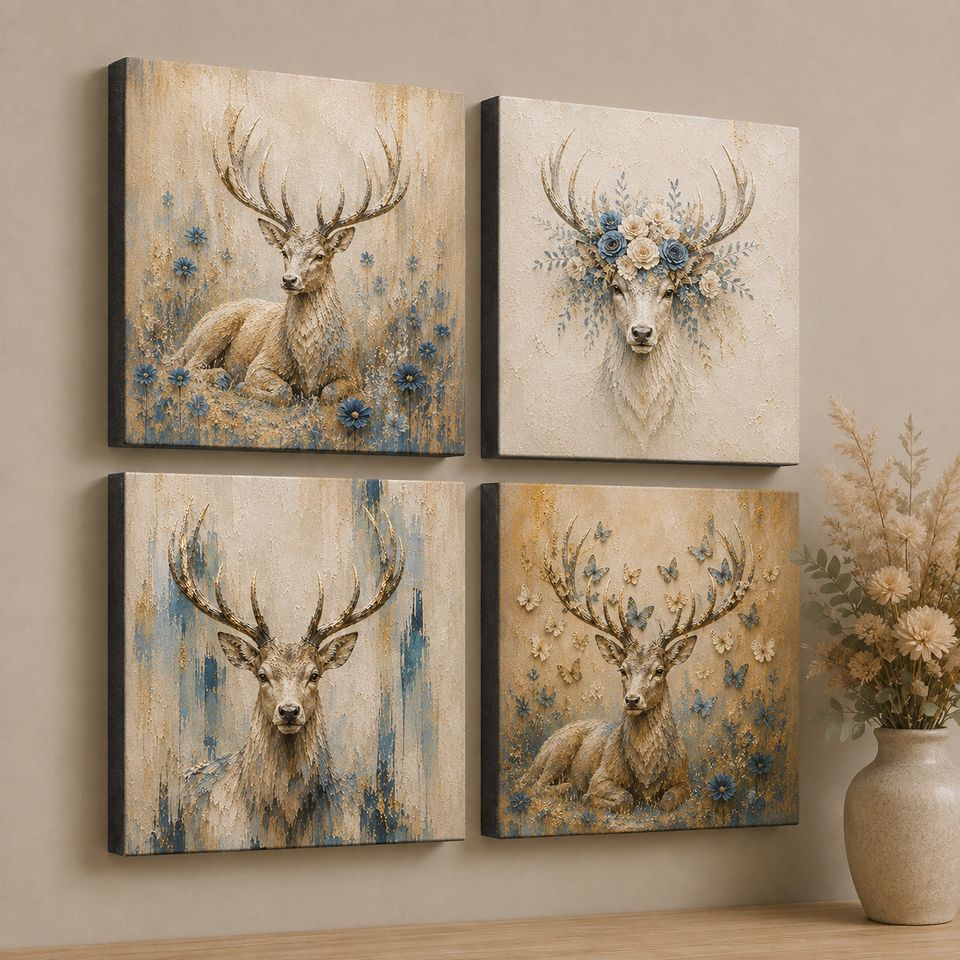 Four Ethereal Stag foam tiles on a pale wall &mdash; soft botanical stag art