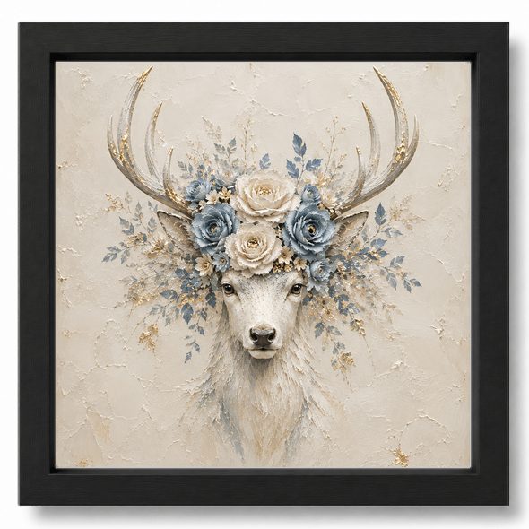 Ethereal Stag tile in a black frame &mdash; pale stag art with a defined black surround