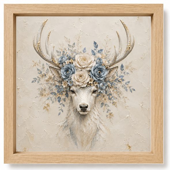Ethereal Stag tile in a natural oak timber frame &mdash; soft stag art in a warm timber surround