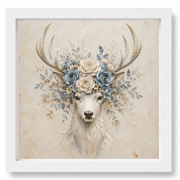 Ethereal Stag white frame tile &mdash; soft botanical stag art in a clean white frame