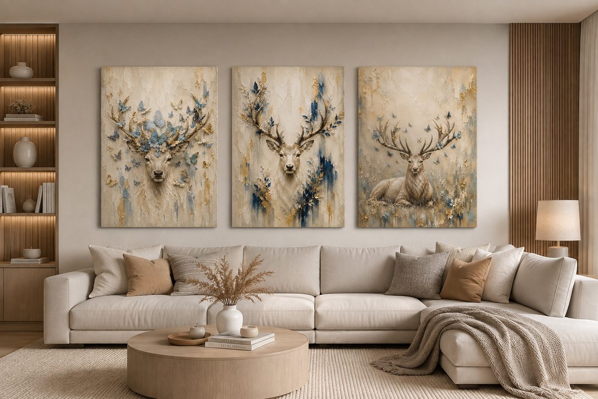 Ethereal Stag canvas prints &mdash; soft ivory and gold stag wall art above a linen sofa