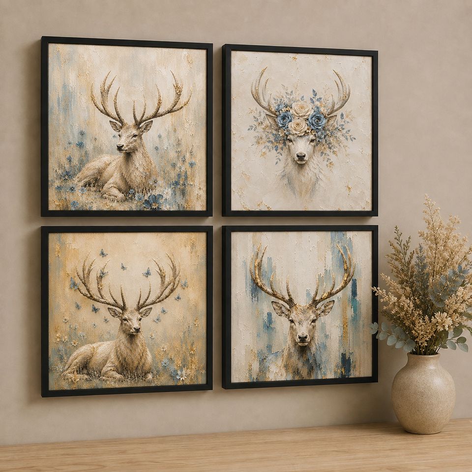 Four Ethereal Stag photo tiles in black frames &mdash; ivory and gold deer art on a styled neutral wall